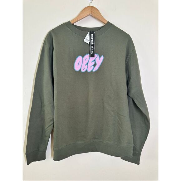 Obey Sweaters - Obey Green and Pink Pullover Bubble Letters Crewneck Sweater Size Medium